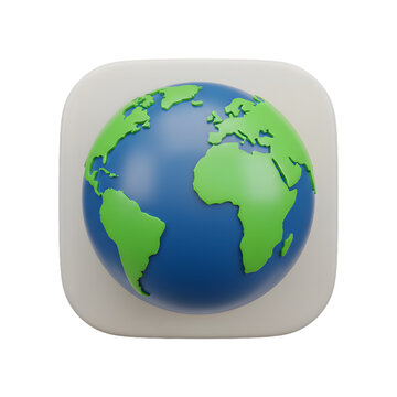 A realistic 3d rendering of planet earth within a rounded square frame on transparent background