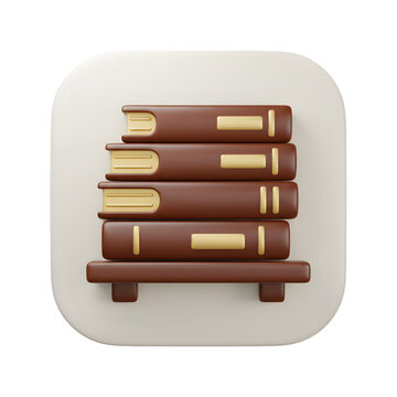 A stack of four brown books resting on a wooden stand on transparent background