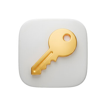 A realistic golden key icon centered on a white rounded square on transparent background