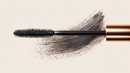 A macro shot of a mascara wand with dark, textured bristles, leaving a streak of black pigment on a neutral background