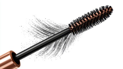 Macro shot of a mascara wand and brush head with product, revealing hairs on a white background