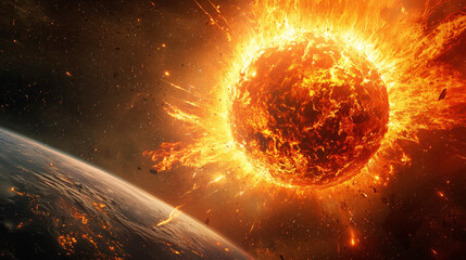 Epic cosmic cataclysm showing an exploding star near a planet. Perfect background for apocalypse themes, science fiction concepts, cosmic disasters, and dramatic high-impact visual storytelling.