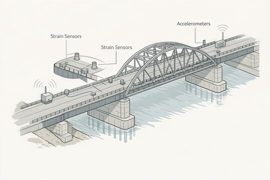 Innovative bridge engineering featuring advanced strain sensors and accelerometers for structural health monitoring in a modern architectural context