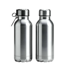 Two stainless steel water bottles with screw tops, one with a lanyard