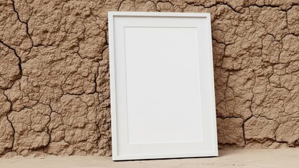 Blank Frame Stands Against Cracked Desert Wall.