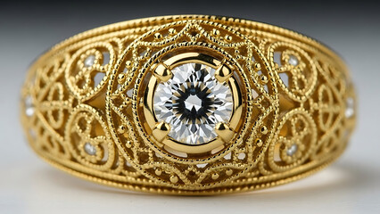 Advertising photo of a woman&rsquo;s finger wearing a new gold ring with diamond design, showcasing luxury jewelry craftsmanship. Ideal for gold market promotion, branding, and commercial use.