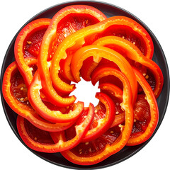 Top-down shot of spiral-arranged bell pepper slices on a dark plate