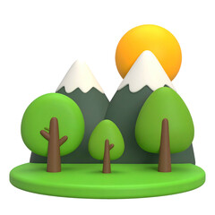 3D cartoon landscape with trees, mountains, and sun against a transparent background