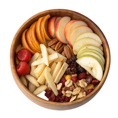 All fry fruit nuts in wooden bowl isolated on transparent background