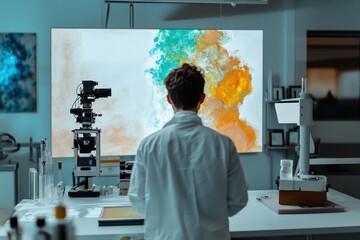 Researcher analyzes artwork in scientific lab with modern equipment and colorful backdrop