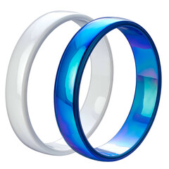 Two rings, one white and one iridescent blue, interlocked, on a black background