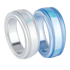 Two glowing rings, one white, one blue, isolated on a black background, close-up view