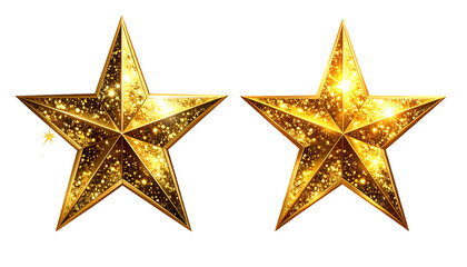 Two ornate golden five-pointed stars, sparkling with glitter on a black background
