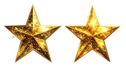 Two ornate golden five-pointed stars, sparkling with glitter on a black background