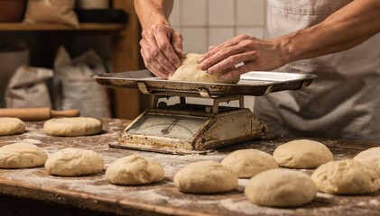 Medium shot of a manual scale being used to weigh tortilla dough before shaping into balls by experienced hands in a small bakery environment.