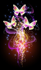 Fantastic butterflies and magical curving transparent waves with glowing stars on night dark background