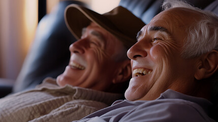 Two senior men with jovial expressions are resting and watching something amusing. Their laughter radiates camaraderie and the simple joy of shared moments in comfortable setting.
