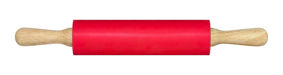 Red rolling pin with wooden handle is used to roll out dough for baked goods or pizza isolated on white background	