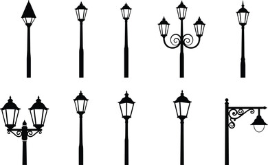 Street lamp vector illustration set, vintage outdoor lantern silhouettes, antique gas light poles, classic park lighting equipment icons, old city lamp post, isolated. © Parvehuh