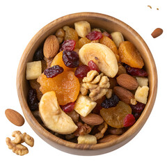 All fry fruit nuts in wooden bowl isolated on transparent background