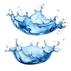 Two artistic renderings of water splashes with blue hues, against a black background