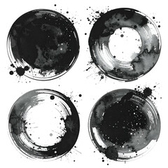 Four ink-splattered, circular designs in varying degrees of black and white