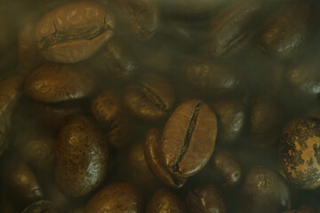 Roasted Coffee Beans with Steam and Haze Background