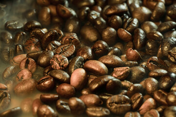 Roasted Coffee Beans with Steam and Haze Background
