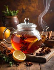 Spiced tea in teapot, Generated image	