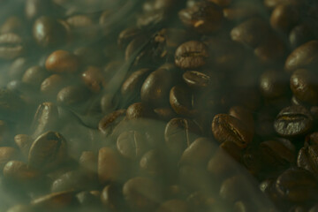 Roasted Coffee Beans with Steam and Haze Background