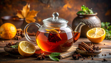 Spiced tea in teapot, Generated image	