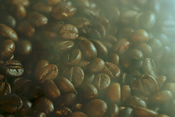 Roasted Coffee Beans with Steam and Haze Background