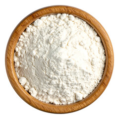 Overhead shot of fine, white powder filling a round, wooden bowl against a black backdrop