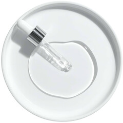 Overhead view of serum, clear liquid drop on white plate, dropper applicator