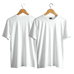 Front and back view of two plain, white, short-sleeve t-shirts hanging on wooden hangers