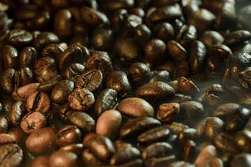 Roasted Coffee Beans with Steam and Haze Background