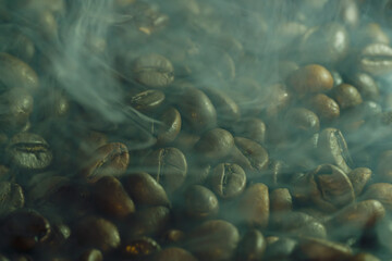 Roasted Coffee Beans with Steam and Haze Background