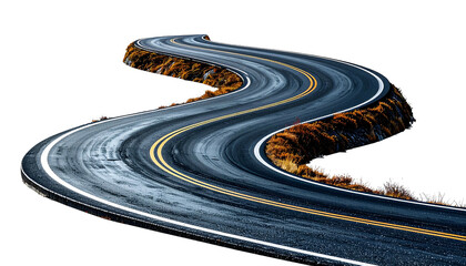 Winding asphalt road with double yellow lines, cut from its background