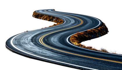 Winding asphalt road with double yellow lines, cut from its background