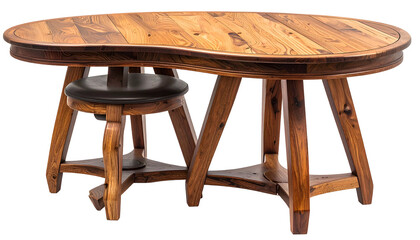A wooden table with a stool tucked underneath, set against a transparent background