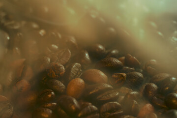 Roasted Coffee Beans with Steam and Haze Background