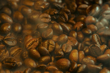 Roasted Coffee Beans with Steam and Haze Background