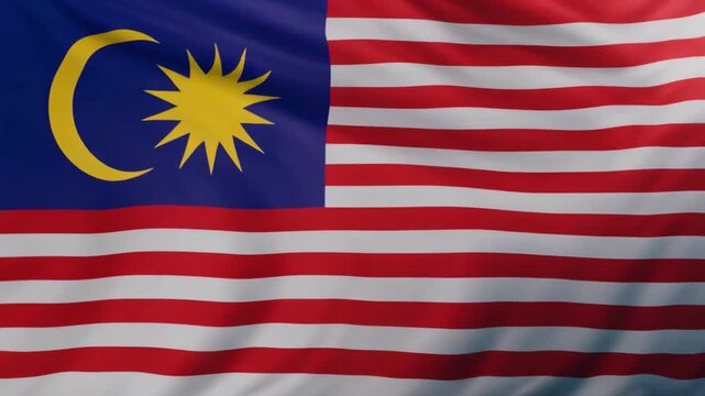 National Flag of Malaysia (Jalur Gemilang) in 2:1 ratio, proud and fresh depiction in smooth fluid motion, 4K.