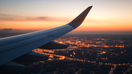 Sunset Flight: Airplane wing against a blurred cityscape bathed in the warm glow of the setting sun. A beautiful view from above, highlighting the magic of travel.