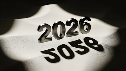 Metallic 3D number 2026 casting a strong shadow on a textured surface, symbolizing a new year, future, upcoming events, and time concept.