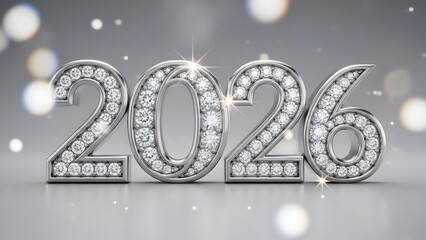 Shiny silver 2026 year numbers adorned with brilliant diamonds, sparkling against a bokeh light background, symbolizing luxury, success, and celebration of the New Year and future events.