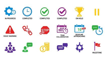 Collection of business project management icons and symbols.