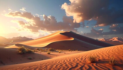 A sunlit scene features massive dunes, rippled sand, sparse shrubs, and mountains under a cloudy sky. The lighting creates a warm ambiance