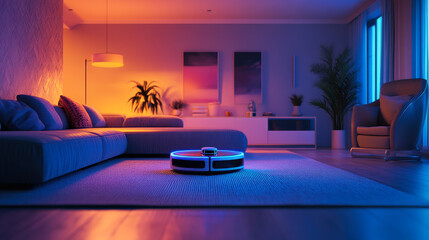 Robot vacuuming a modern living room with futuristic furniture and vibrant lighting