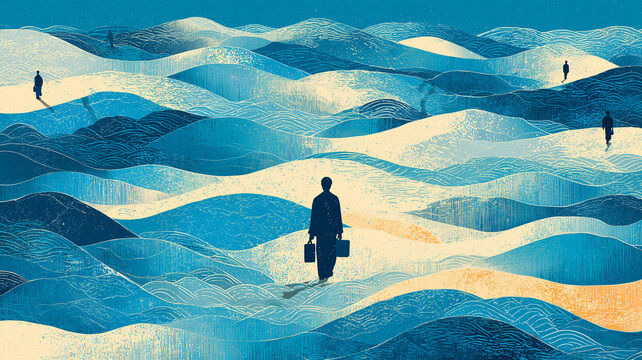 日本人の男性が藍色の版画風の波間に立つ静かなビジネス比喩